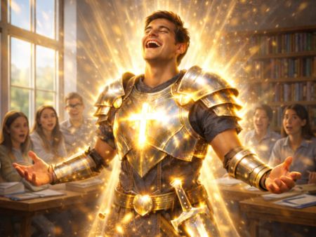 Mann in der Waffenrüstung steht mit offenen Händen und einem strahlenden Gesicht da - im Hintergrund sitzen Studierende